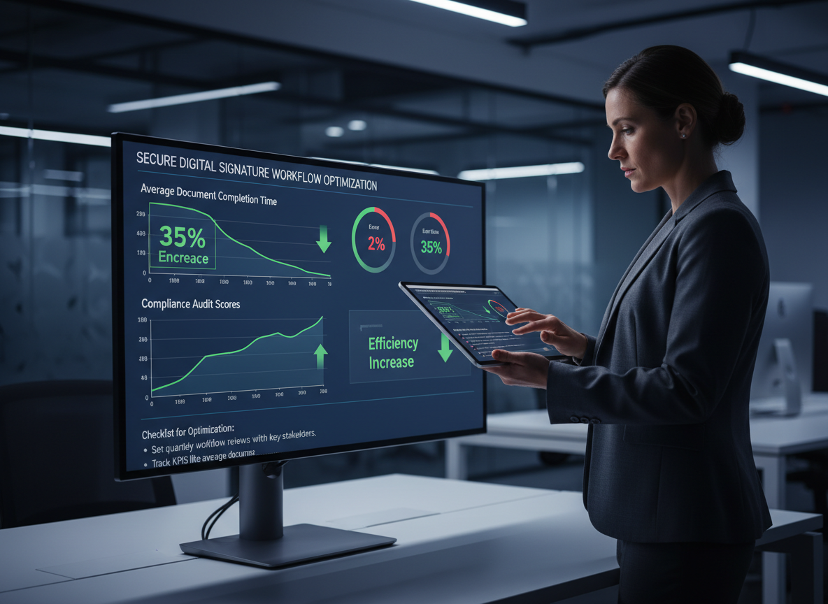 A workspace with a monitor showing a performance dashboard featuring metrics like document completion time and compliance scores.
