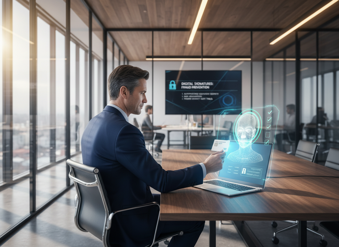 Corporate executive authenticating their identity with a digital signature system, featuring holographic biometric ID verification.