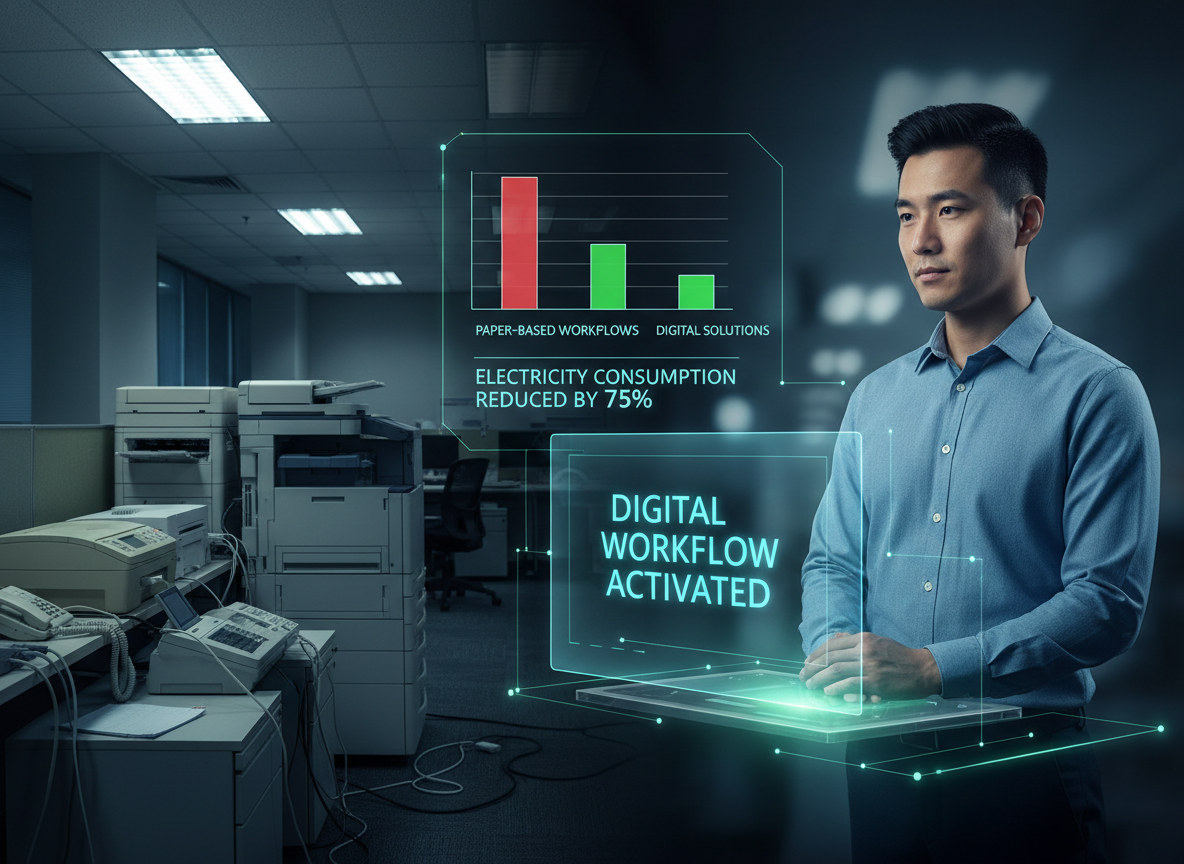 An office with old energy-intensive printers contrasts with a modern digital workflow interface emphasizing efficiency.
