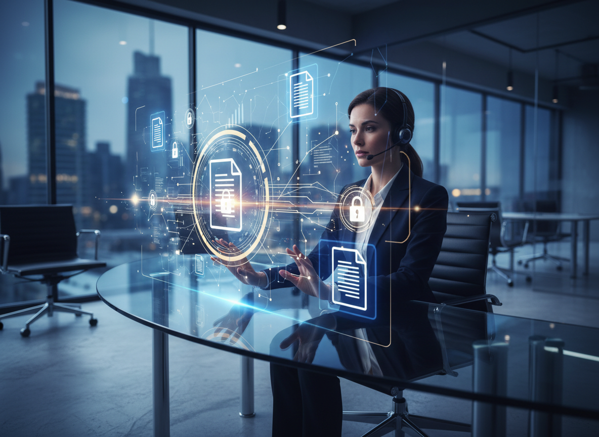 A cybersecurity specialist analyzing holographic encrypted documents in a futuristic office setting with glowing locks symbolizing advanced encryption.