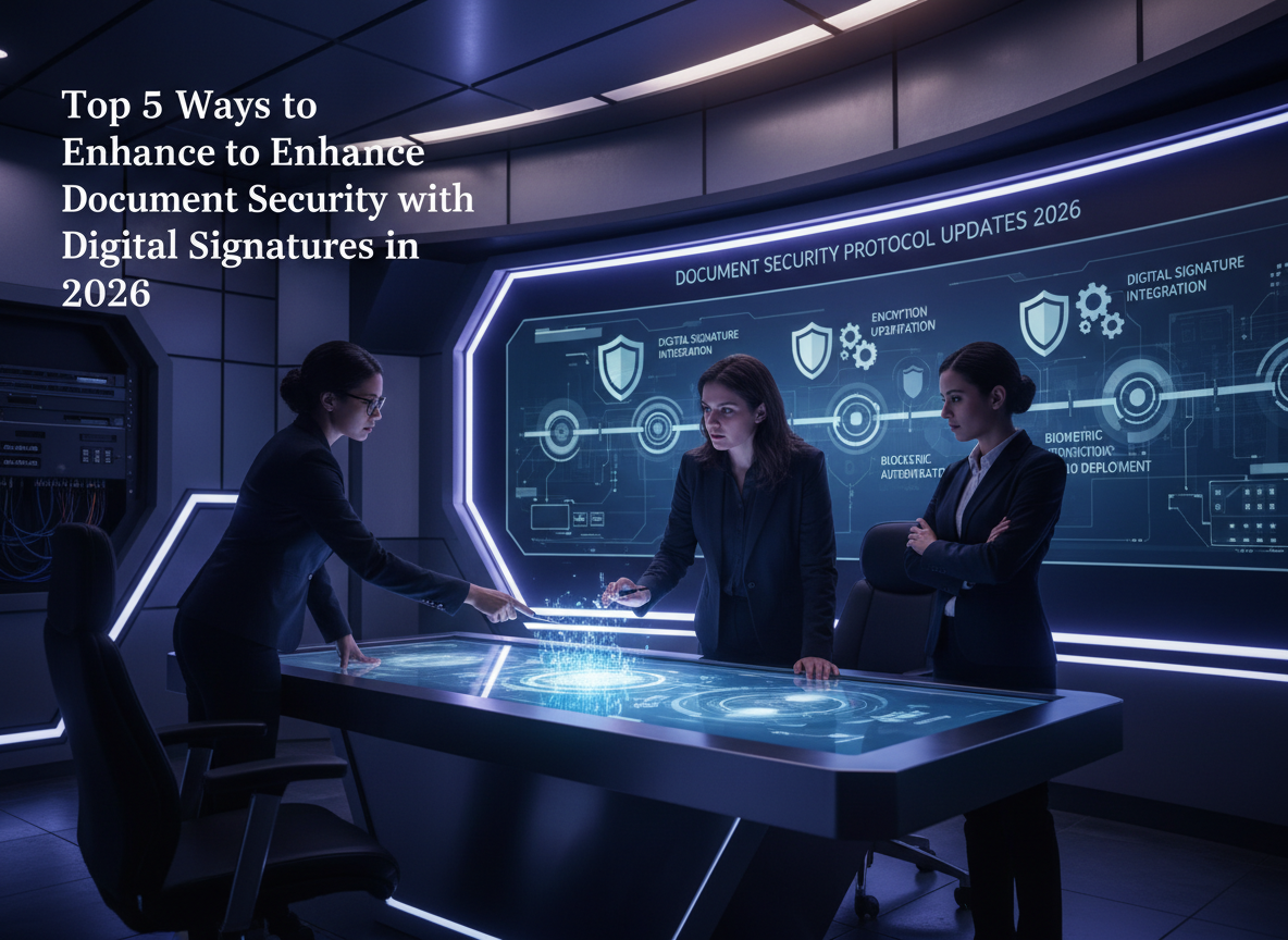 Cybersecurity team in an operations room reviewing a digital timeline of security protocol updates, marked by shield and gear icons.