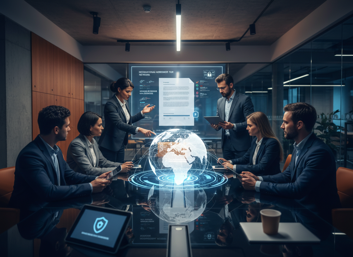 International team collaborating in a modern co-working space with a digital globe overlay, representing global business connectivity.