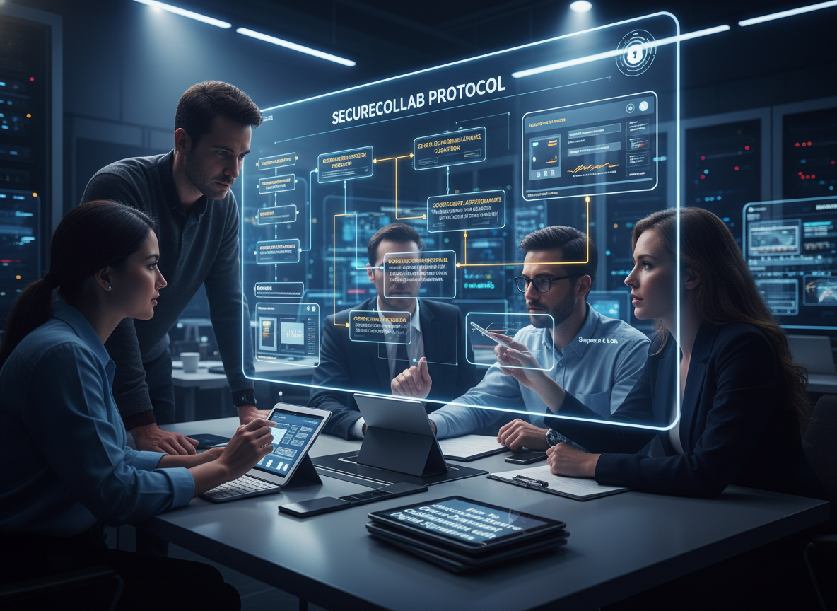 IT team analyzing SecureCollab Protocol flowchart in a command center.