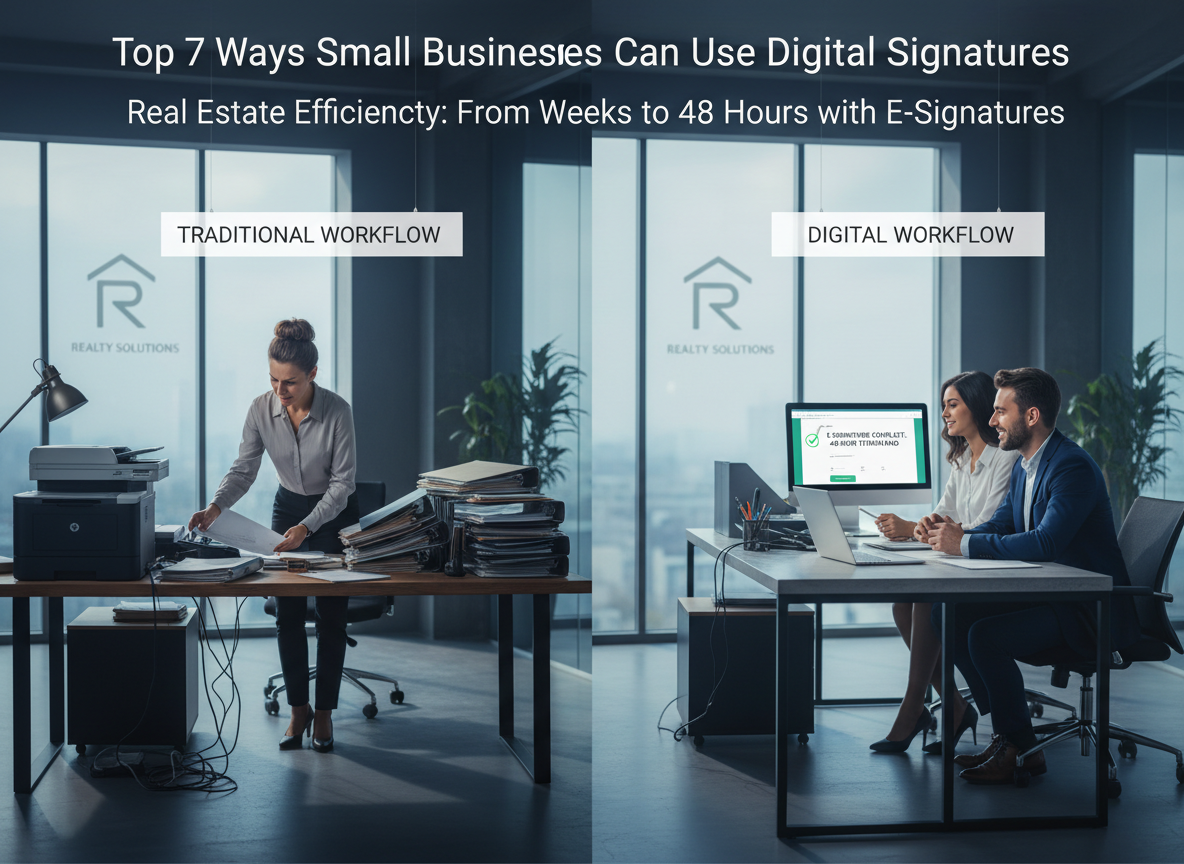 Side-by-side comparison of traditional and digital contract workflows in a real estate office, illustrating increased efficiency with digital signatures.