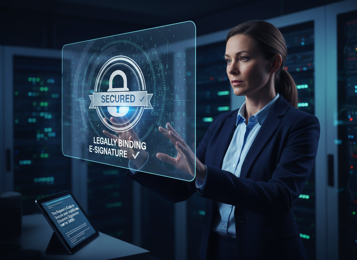 An IT professional in a server room examining a holographic interface with encrypted data and a sealed lock icon, symbolizing secure electronic signatures.