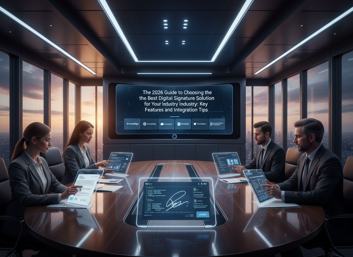 Industry representatives in a conference room, each displaying digital signature solutions tailored to their field.