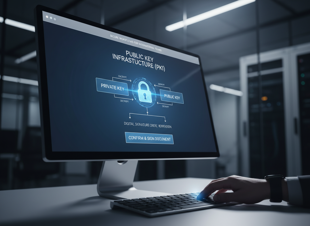 Close-up of a computer screen with PKI diagram and padlock, illustrating secure digital signature workflows.