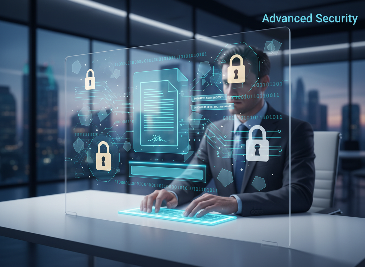 A professional reviewing a document on a computer with holographic encryption graphics, symbolizing advanced security and compliance.