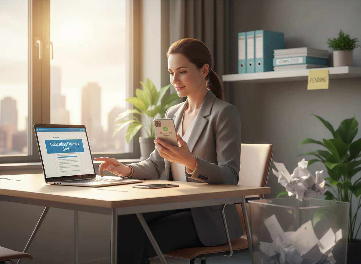 An HR professional sending an onboarding document for digital signature, illustrating faster completion times.