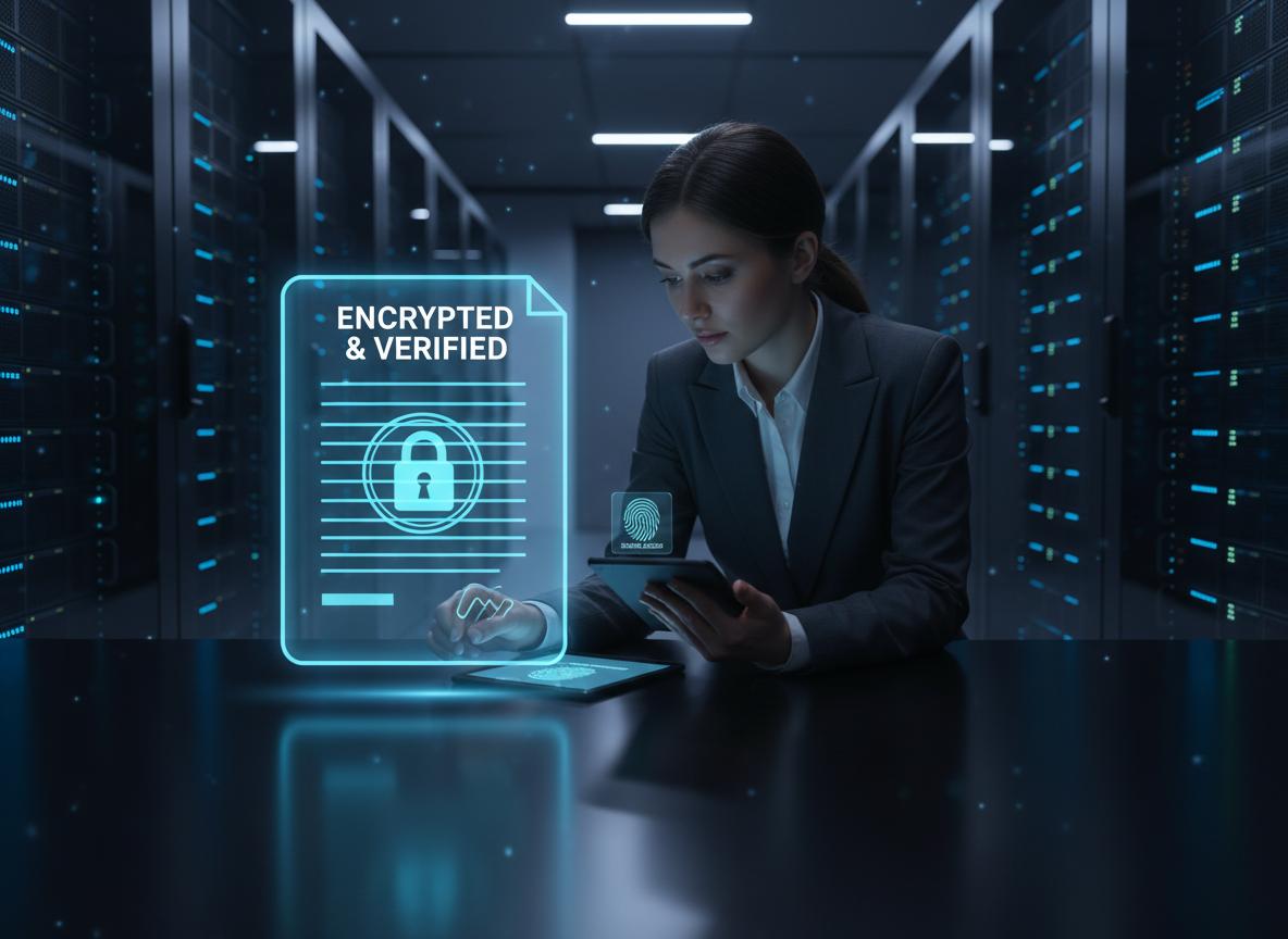 A holographic signed contract with encryption symbols in a secure server room, emphasizing digital security.