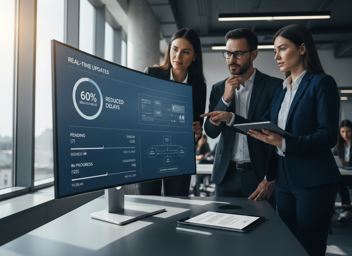 A digital dashboard in a corporate office showing real-time document tracking and status updates with professionals collaborating.