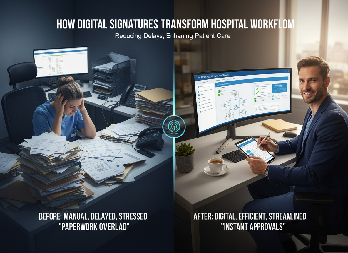 A split-screen comparison of hospital workflows, with paper clutter versus streamlined digital processes, illustrating the benefits of digital signatures.