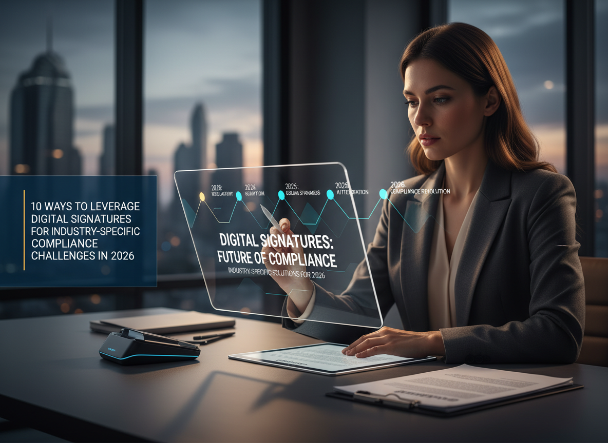 Businesswoman digitally signing a document in a co-working space, with timeline overlay.