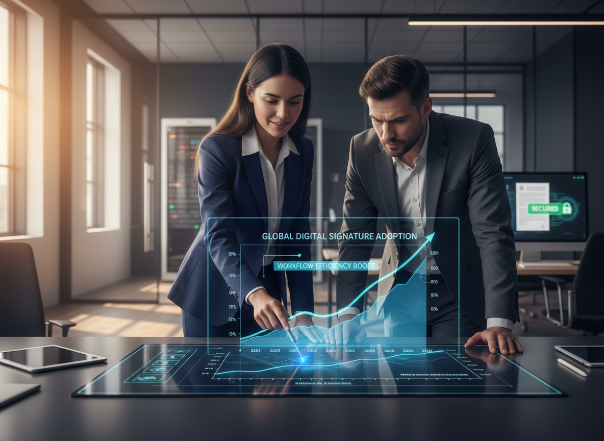IT manager and team leader discussing a digital graph showing digital signature adoption growth from 2021 to 2026 in an office.