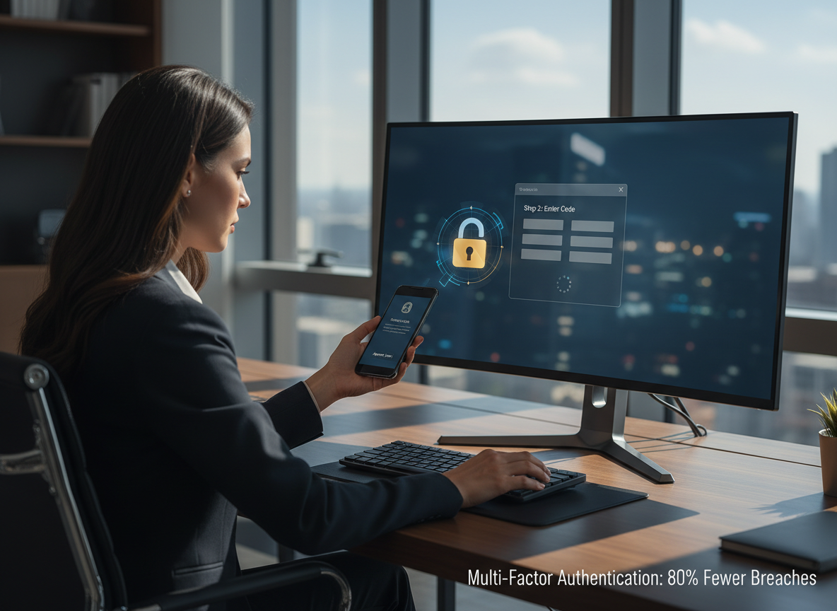 A businesswoman using multi-factor authentication at her workstation, entering a code on her computer while approving a request on her smartphone.