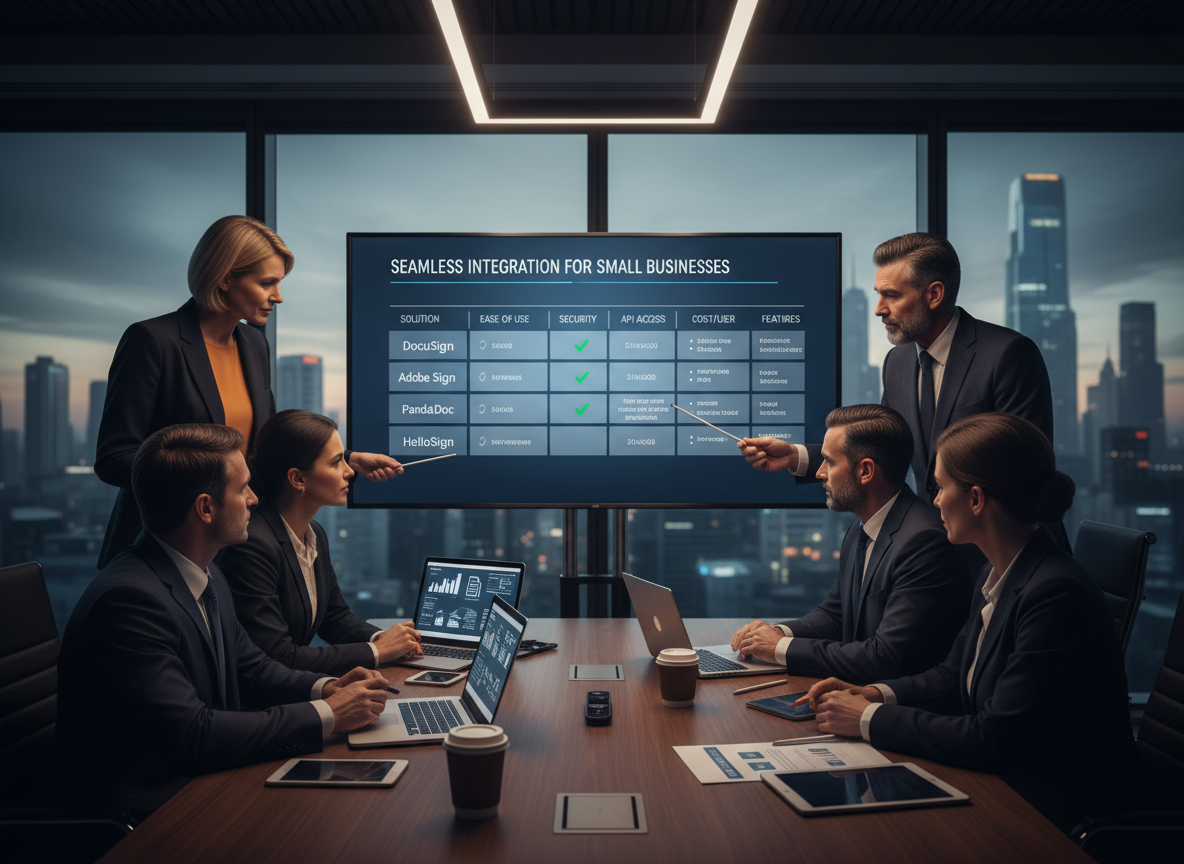 Professionals in a conference room reviewing a comparison chart of digital signature solutions