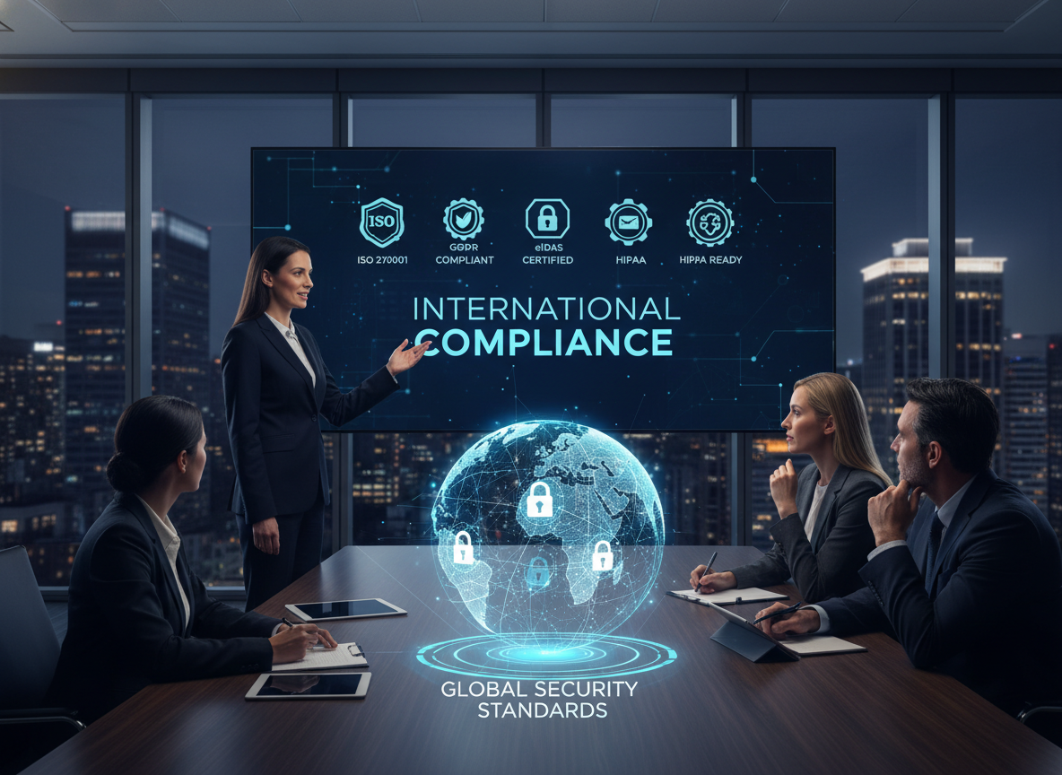 Executive presenting in a conference room with digital projection of compliance certificates, globe with padlocks symbolizing global security.