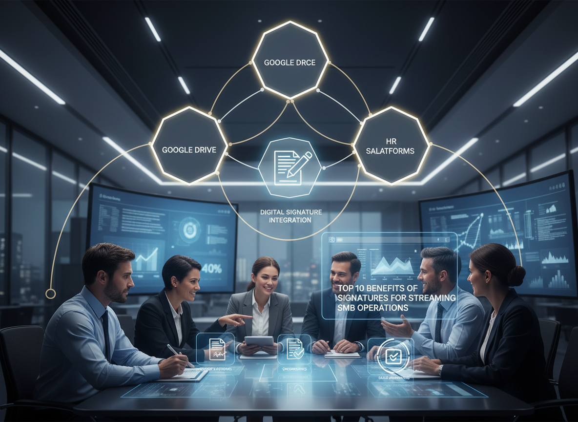 Diagram showcasing digital signature integration with Google Drive, Salesforce, and HR platforms in a collaborative workspace.