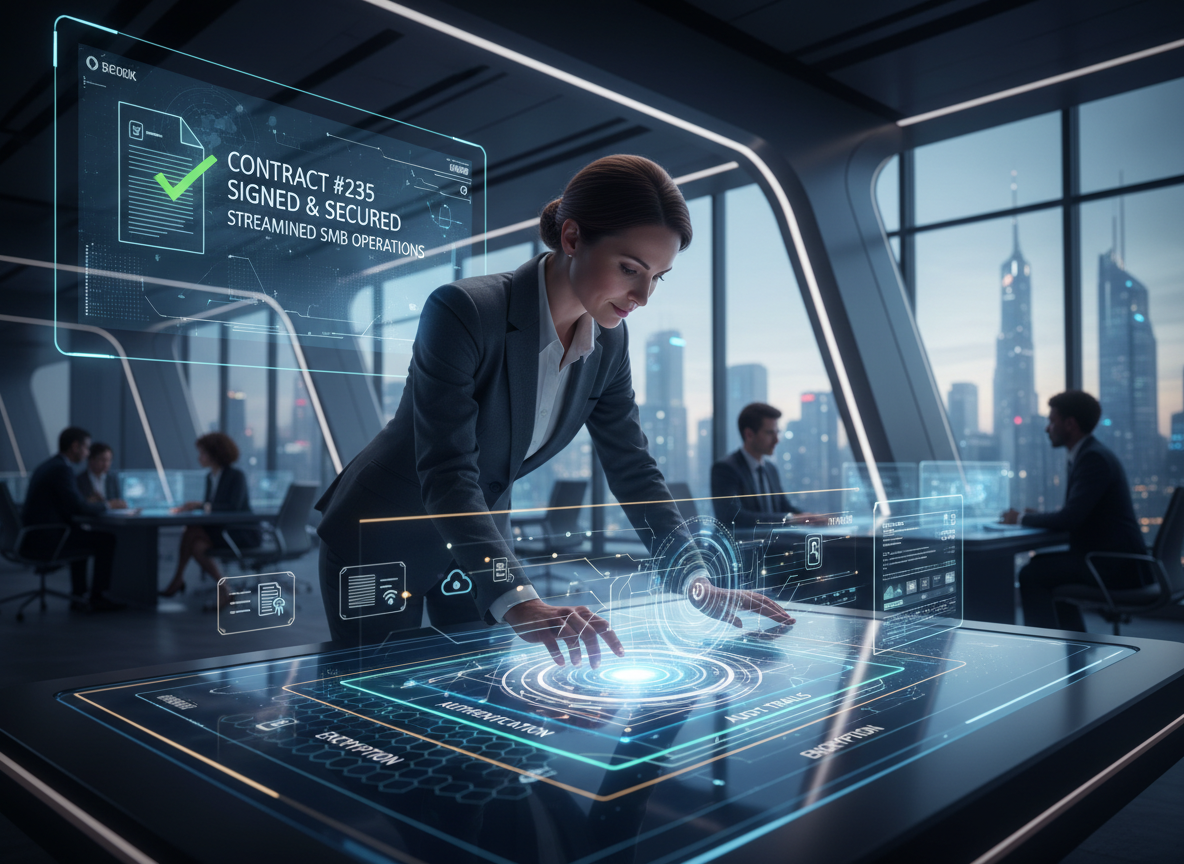 Visual representation of digital signature security layers including encryption, authentication, and audit trails in a futuristic setting.