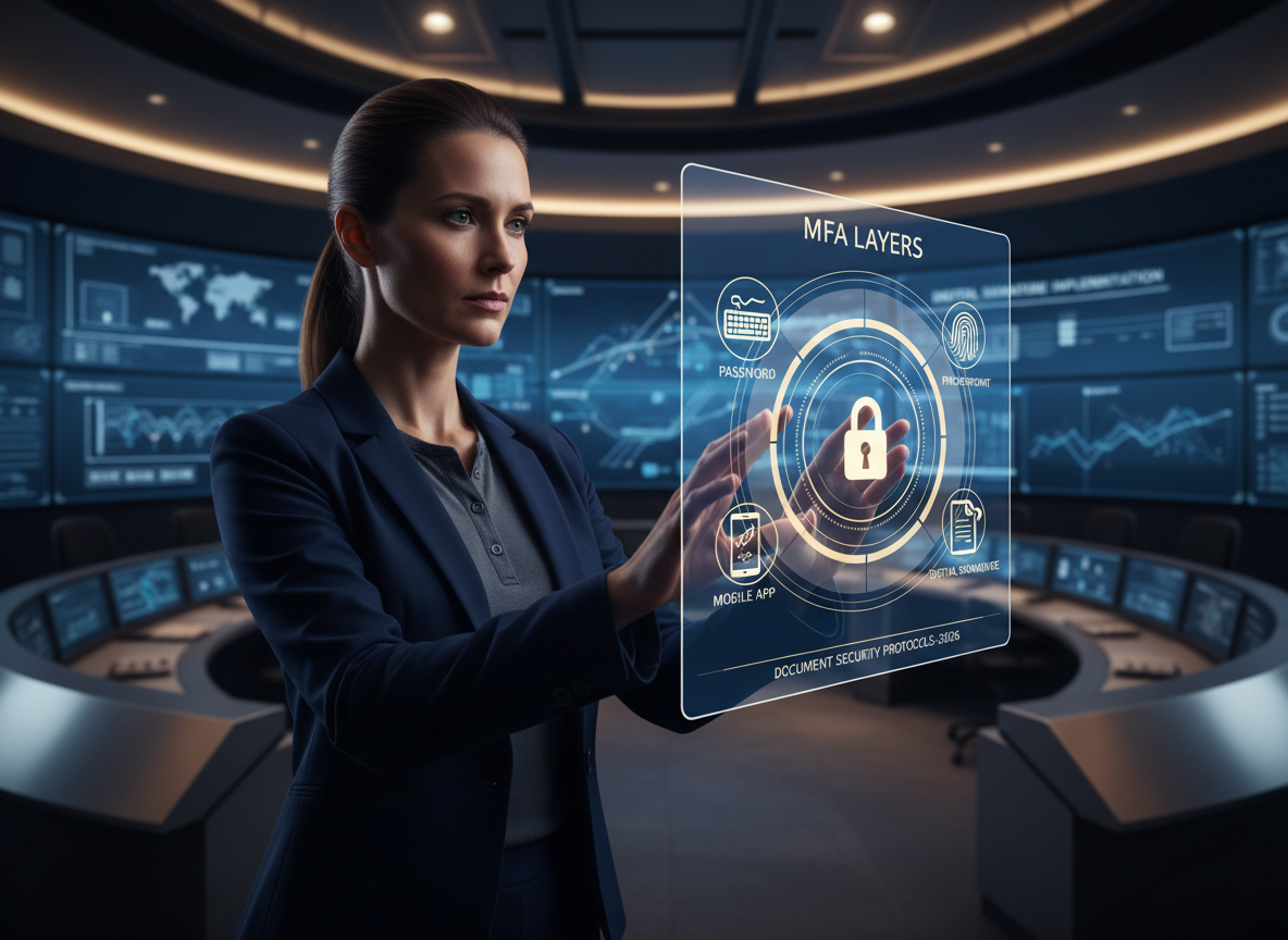 IT professional in a control room using a holographic interface showing MFA layers, including a padlock with a key, password, fingerprint, and smartphone icons.