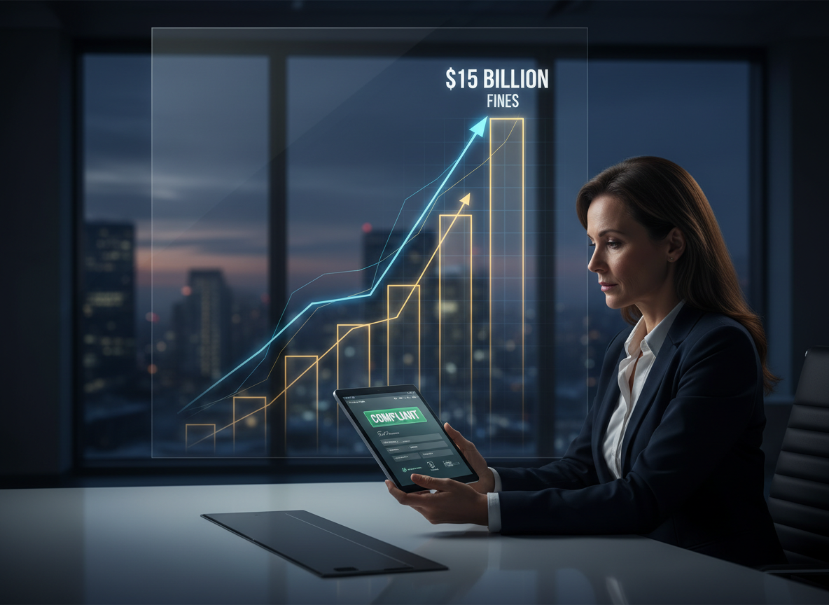 A compliance officer reviews a tablet showing an e-signature interface labeled 'Compliant,' with a graph displaying $15 billion in fines in the background.