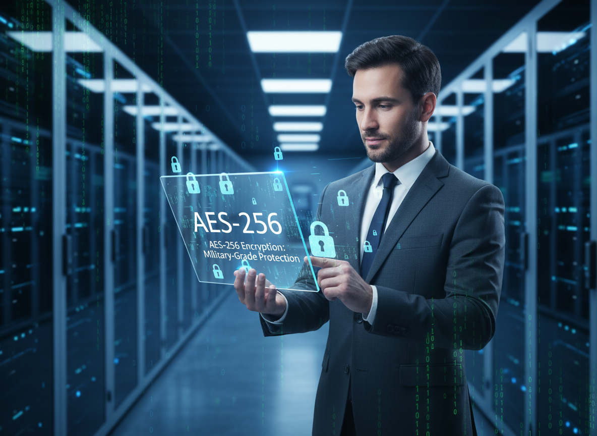 A cybersecurity engineer in a futuristic data center holding a tablet with holographic locks and AES-256 encryption displayed, representing advanced encryption protocols.