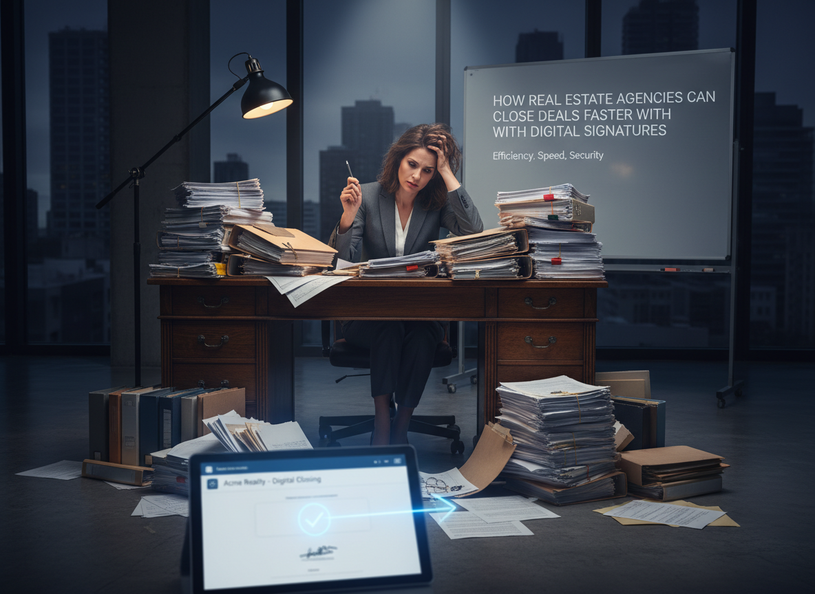 A stressed real estate agent surrounded by paper contracts, illustrating the inefficiency of traditional methods.