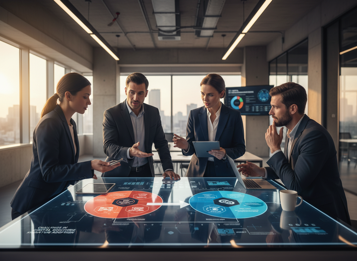 Team in a workspace discussing a digital diagram of challenges and solutions in digital signature adoption.