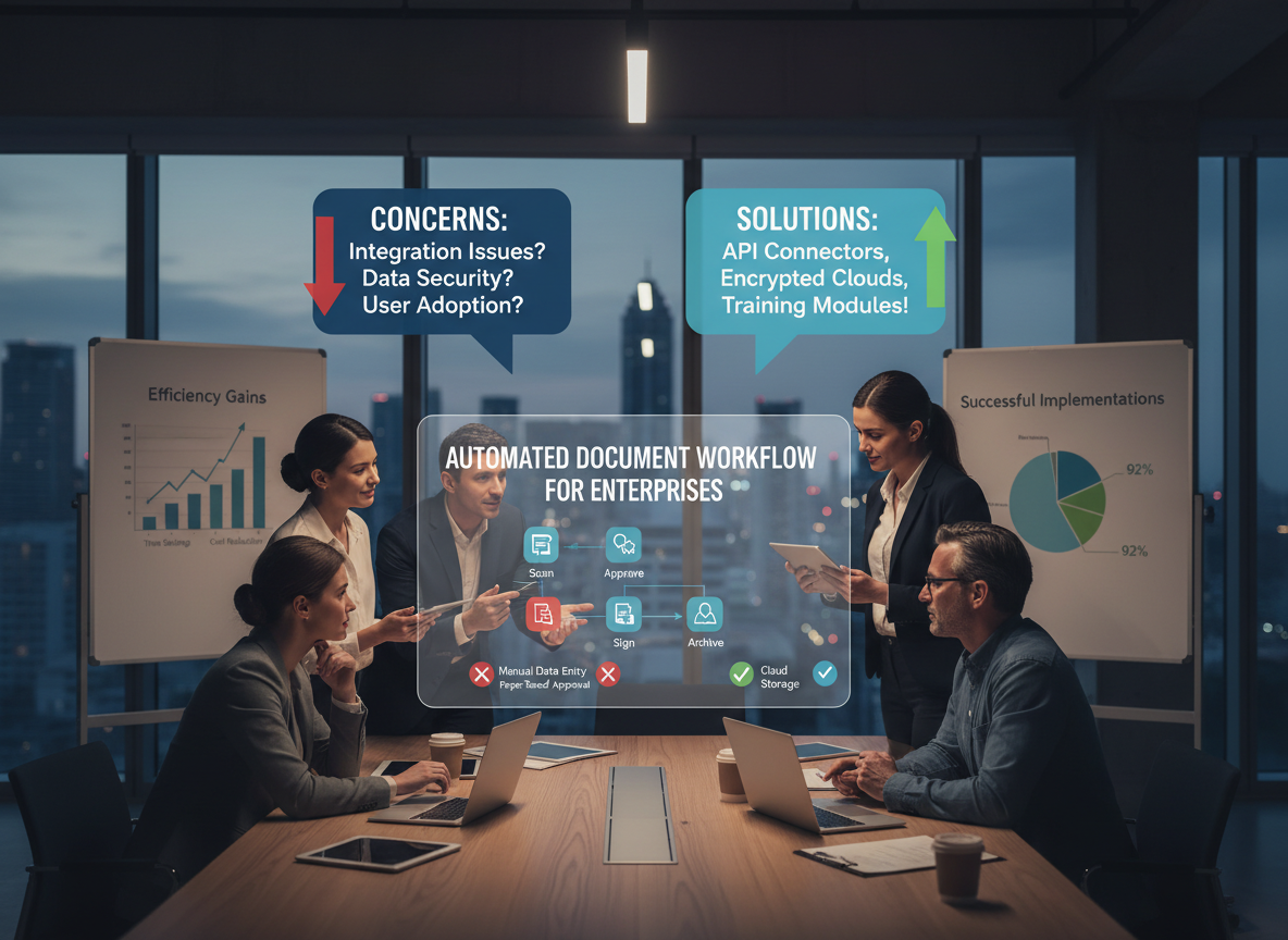 Team collaborating on automation implementation, with concerns and solutions displayed on charts and in speech bubbles.