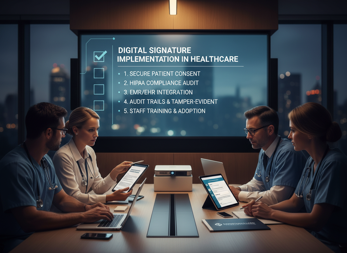Healthcare training session with a projected digital signature implementation checklist.