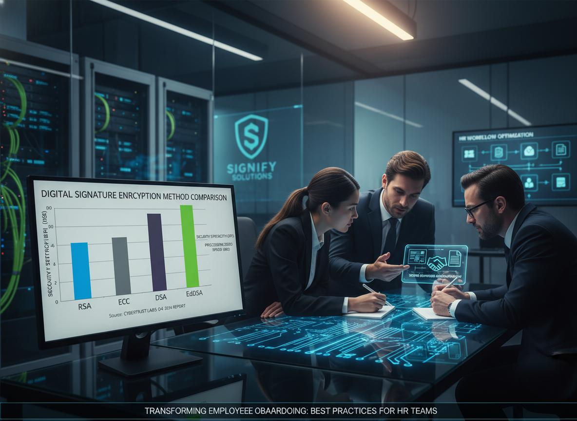 Chart on a digital monitor comparing encryption methods for digital signatures in a cybersecurity lab.