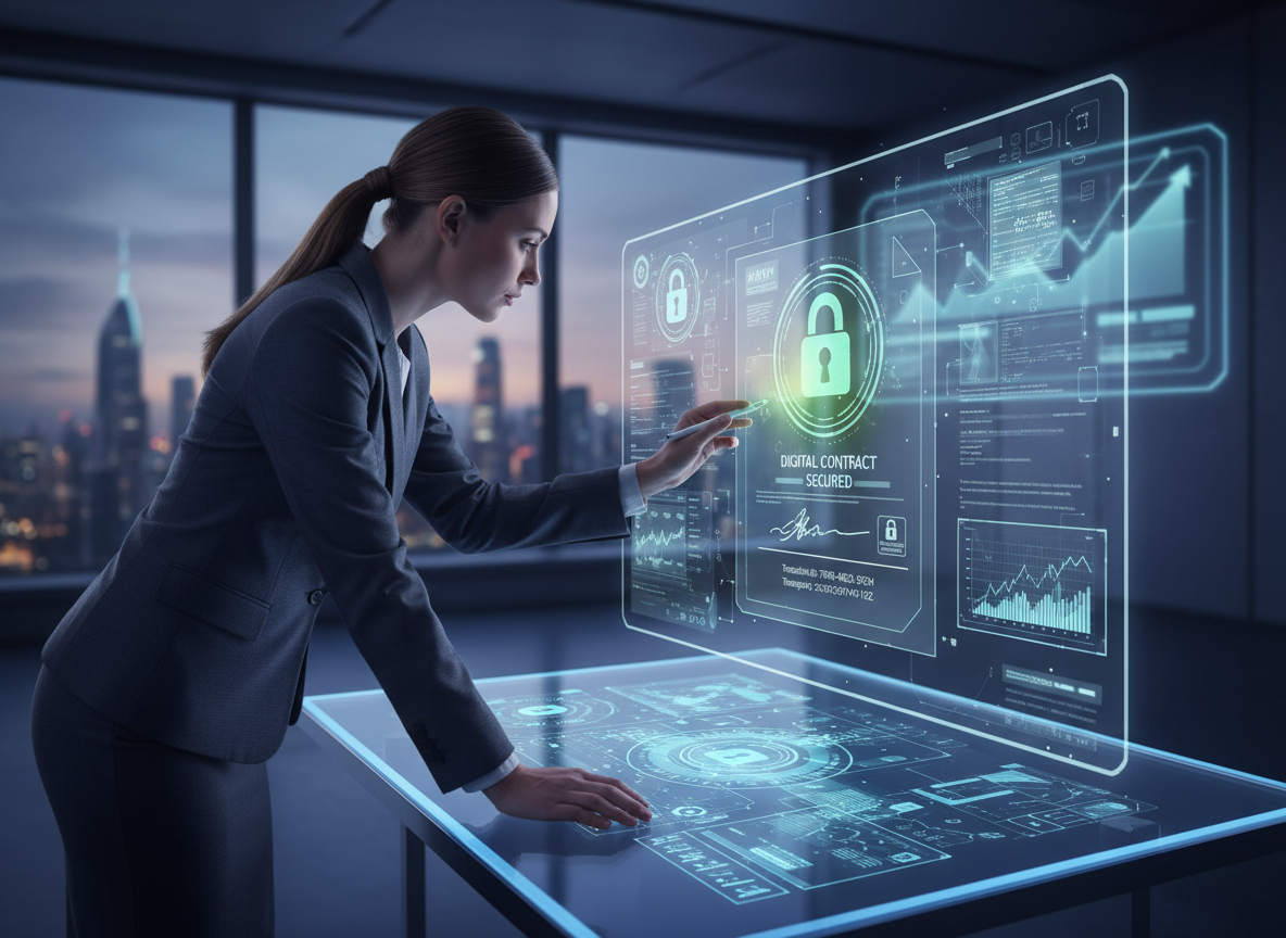 A cybersecurity specialist analyzing holographic encrypted documents in a futuristic office setting with glowing locks symbolizing advanced encryption.