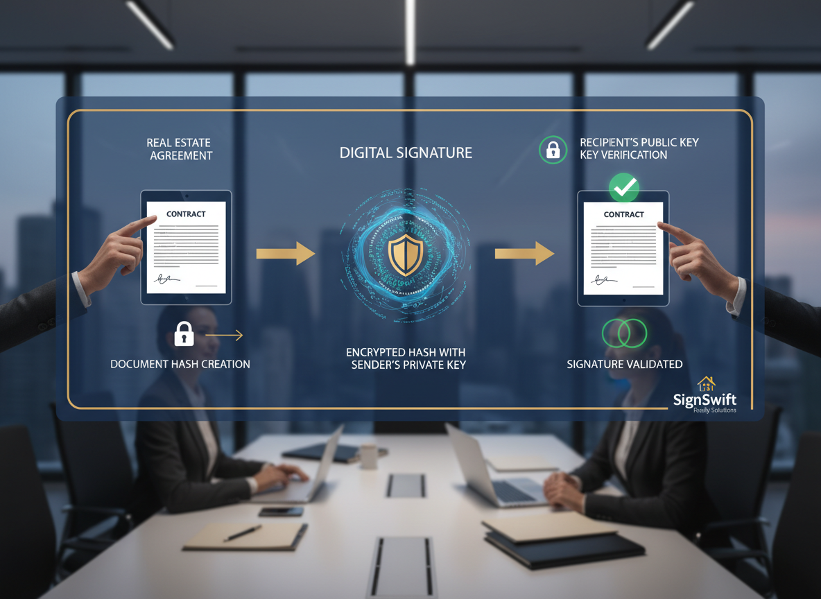 Diagram showing digital signature process with encrypted hash and public/private key verification.