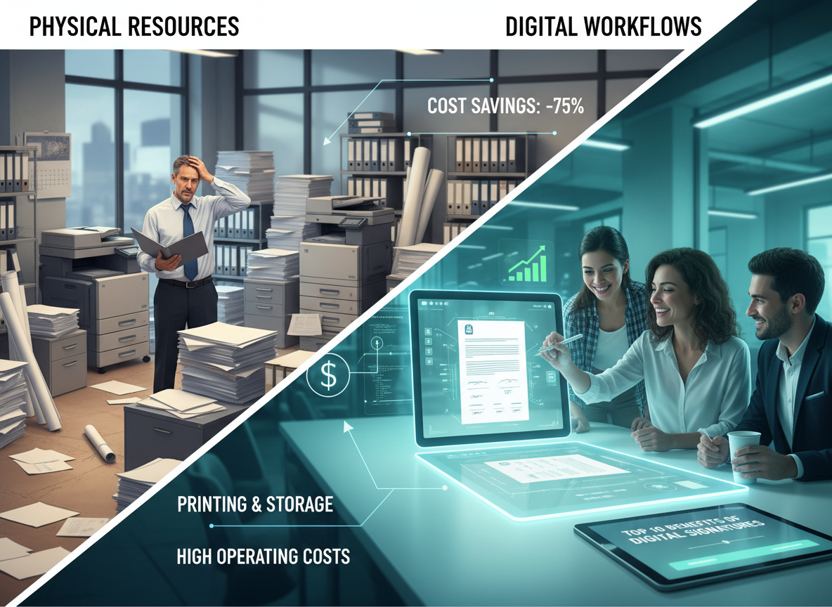 Comparison of physical resources like printing and storage versus digital workflows with cost savings highlighted.