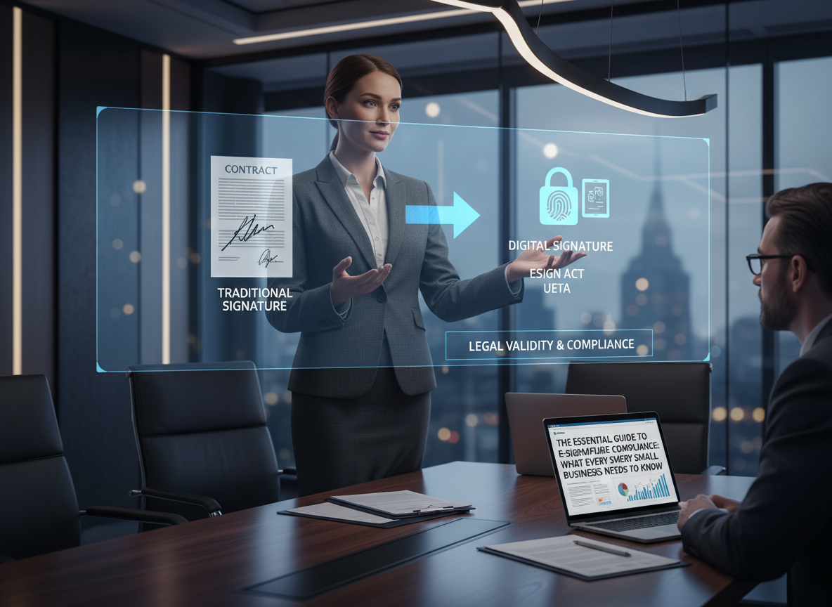 A legal expert explains the ESIGN Act and UETA in a modern conference room, using a holographic display that connects traditional and digital signatures.