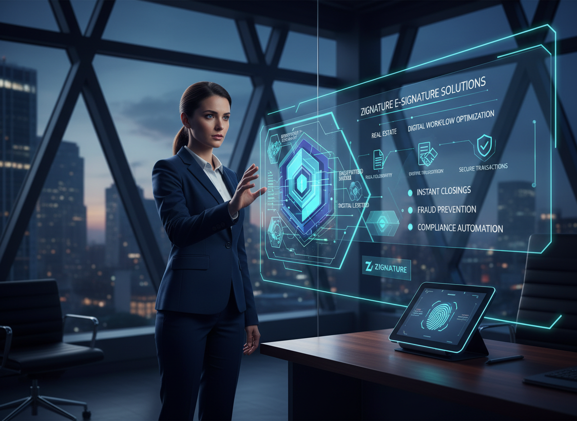 Real estate attorney examining a holographic security diagram with encryption and authentication features in a high-tech setting.
