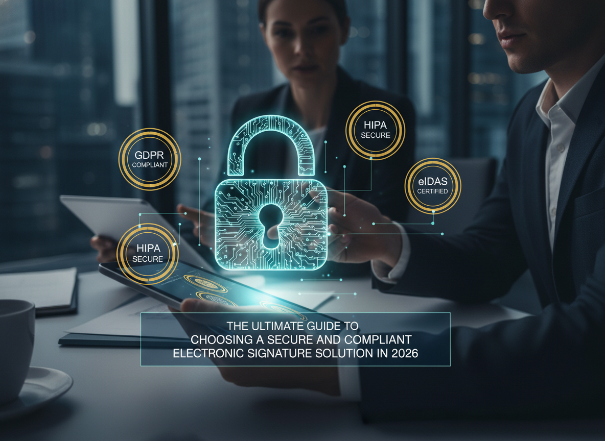 A glowing digital lock over a document with compliance stamps like GDPR, HIPAA, and eIDAS, symbolizing secure and compliant workflows.