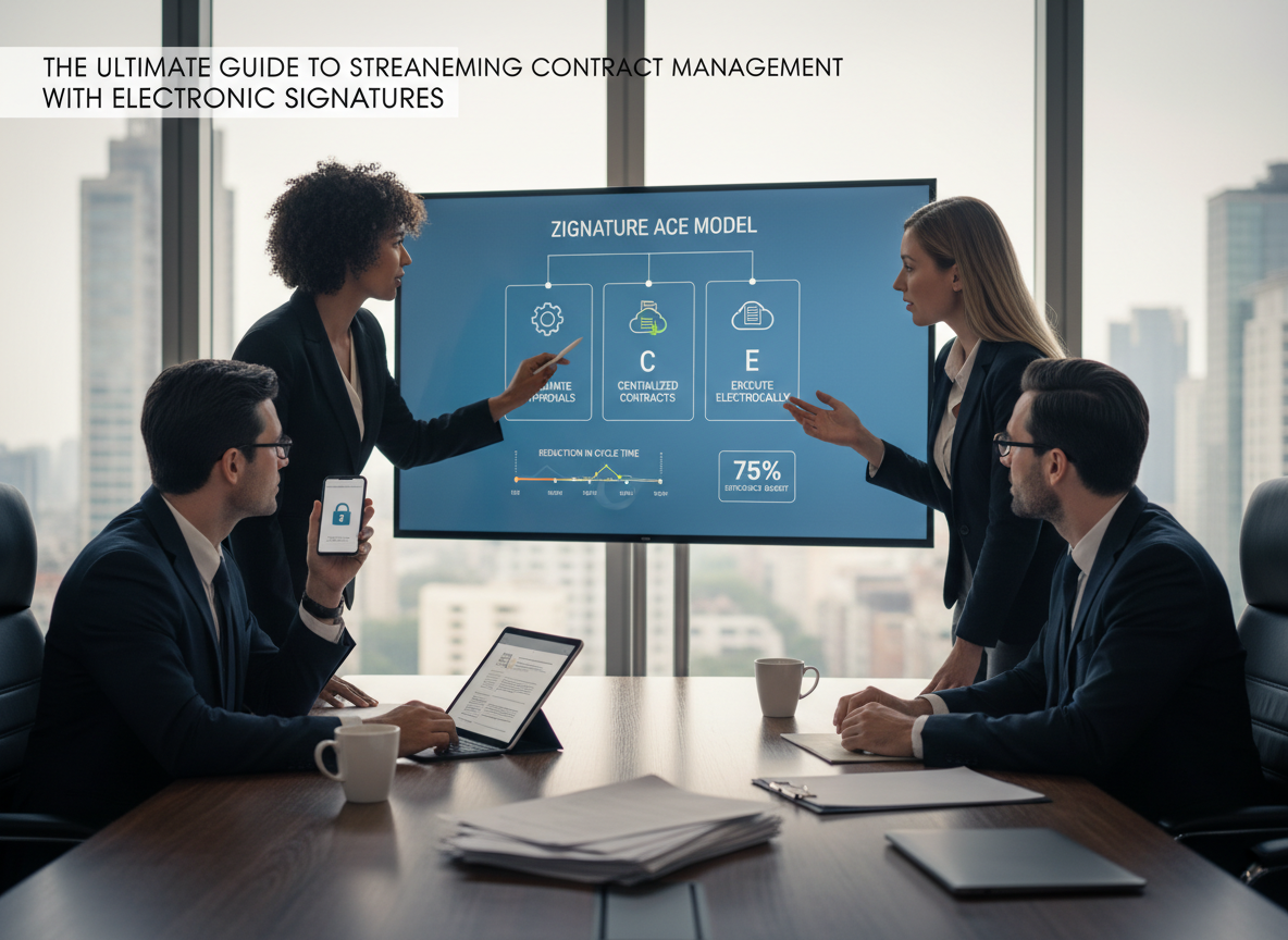 A business team collaborates around a digital whiteboard displaying the Zignature ACE model for efficient contract management.