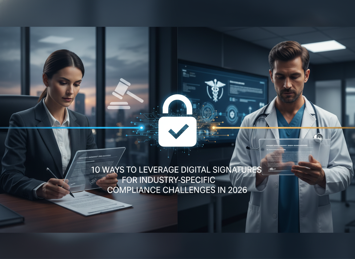 Split-screen of legal and healthcare professionals using digital signatures, with industry icons.
