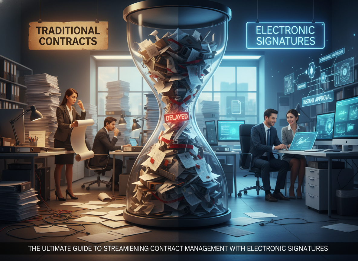 A chaotic office scene with stacks of paper contracts and a bottleneck metaphor illustrating delays in traditional contract management.