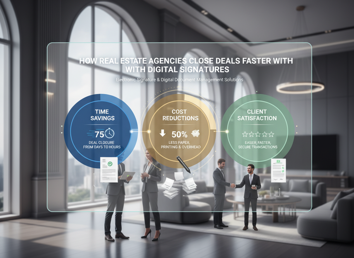Infographic showing time savings, cost reductions, and improved client satisfaction with digital signatures.
