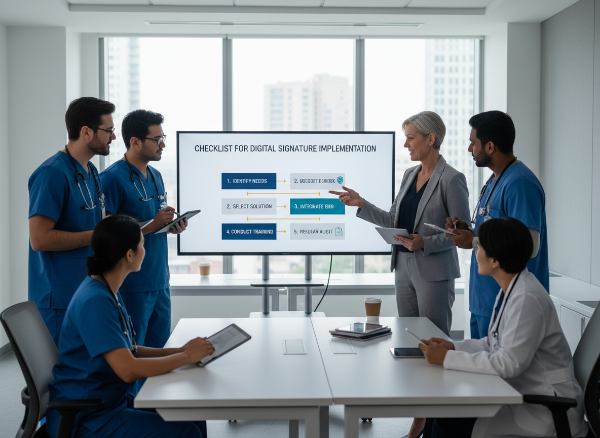 A training room with staff viewing a flowchart on digital signature implementation, highlighting steps like 'Identify Needs' and 'Select Solution.'