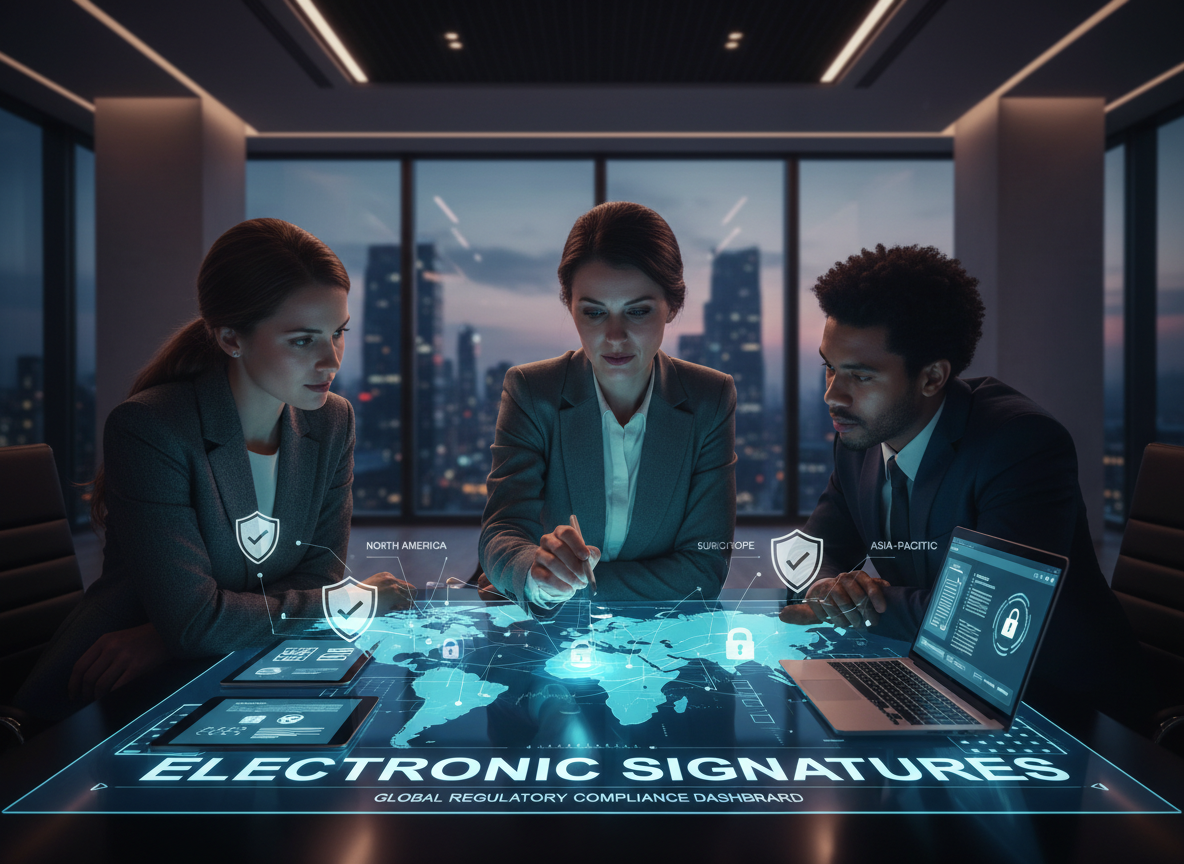 A business executive and legal team reviewing a high-tech global map with legal icons representing compliance across jurisdictions.