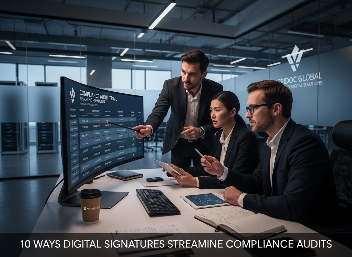 Financial analysts in an office reviewing a digital audit trail displayed on a monitor, featuring timestamps, signer identities, and document statuses.