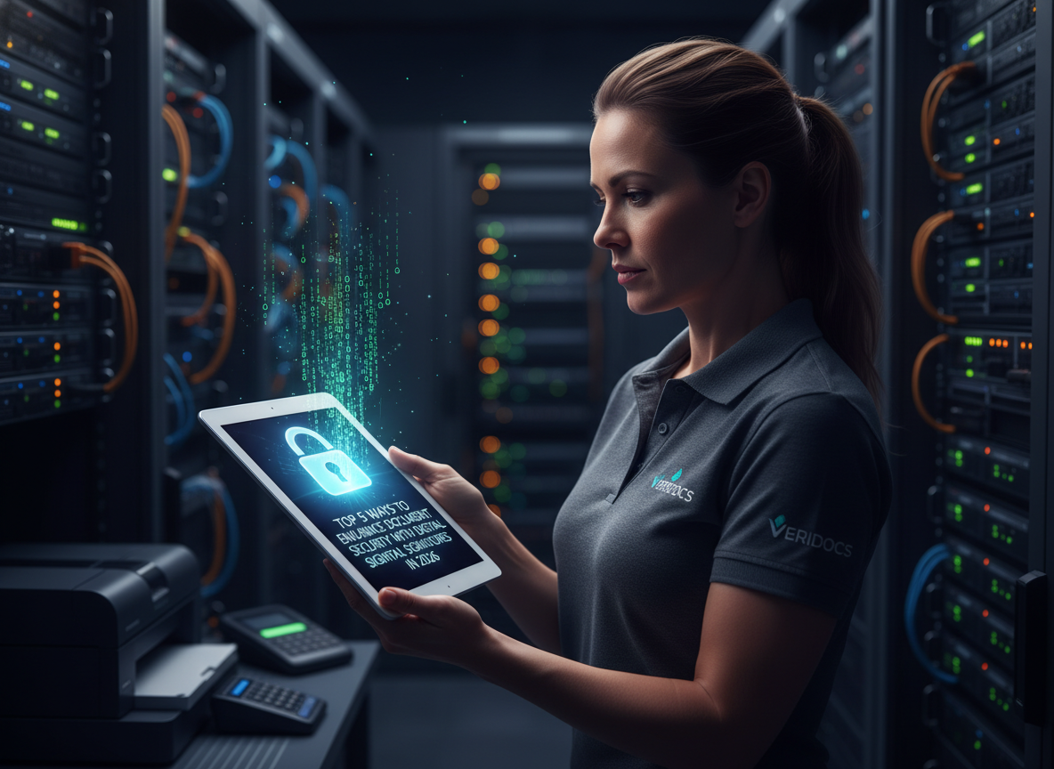 Security analyst in a data center holding a tablet showing a lock symbol with cascading binary code, representing data encryption.