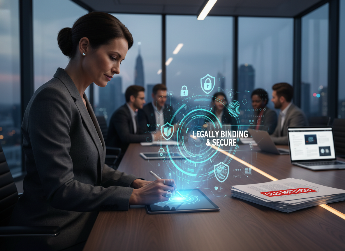 A business owner digitally signing a document on a tablet with holographic visuals of security and authenticity in a modern office conference room.