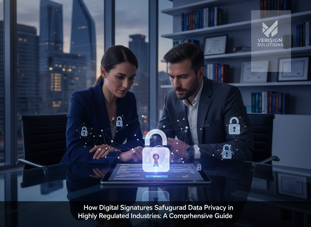 Real estate agent and client signing a digital property contract on a tablet, with holographic locks symbolizing tamper-proof security.
