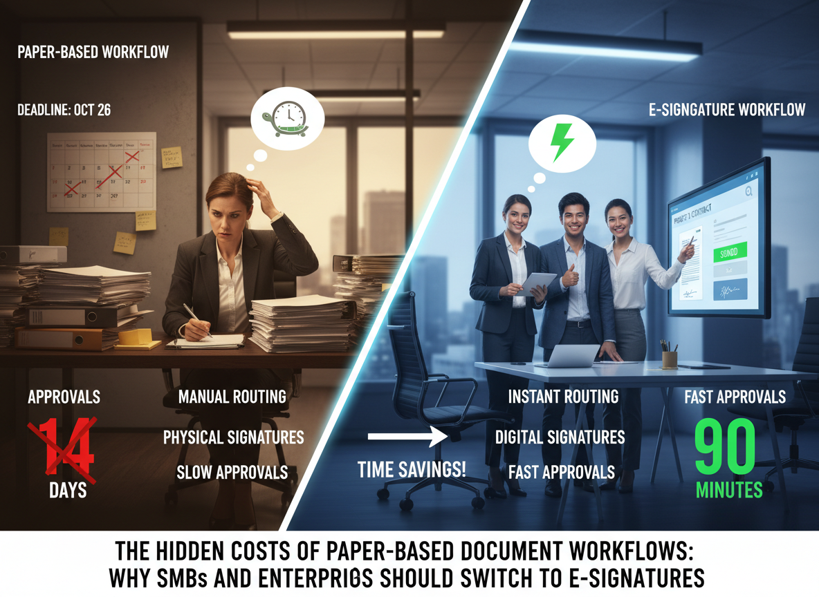 A side-by-side visual comparison of a slow paper-based approval process and a fast e-signature-enabled workflow, showcasing significant time savings.