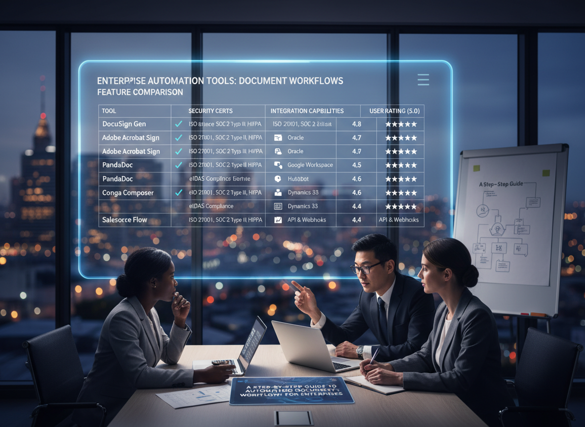 Comparison chart of leading automation tools displaying features like security certifications, integration capabilities, and user ratings.