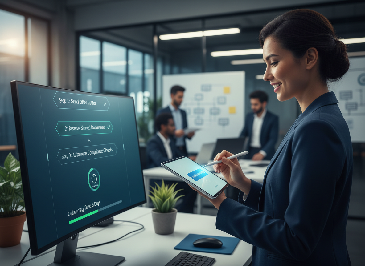 Step-by-step visual of a digital onboarding process in a tech startup, showcasing reduced onboarding time and streamlined workflow.